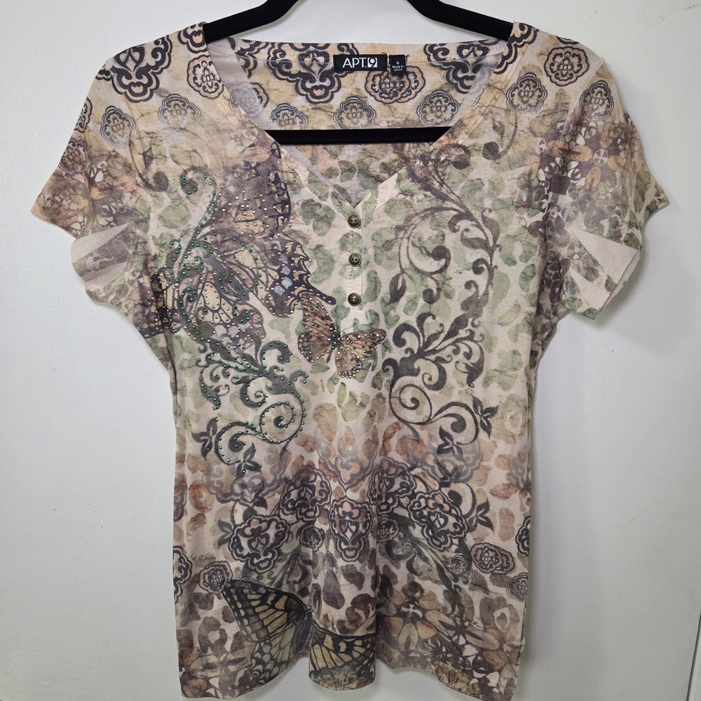 Butterfly Rhinestone Floral Top‎ Women's Small Cottagecore Boho Fairy Grunge Y2K